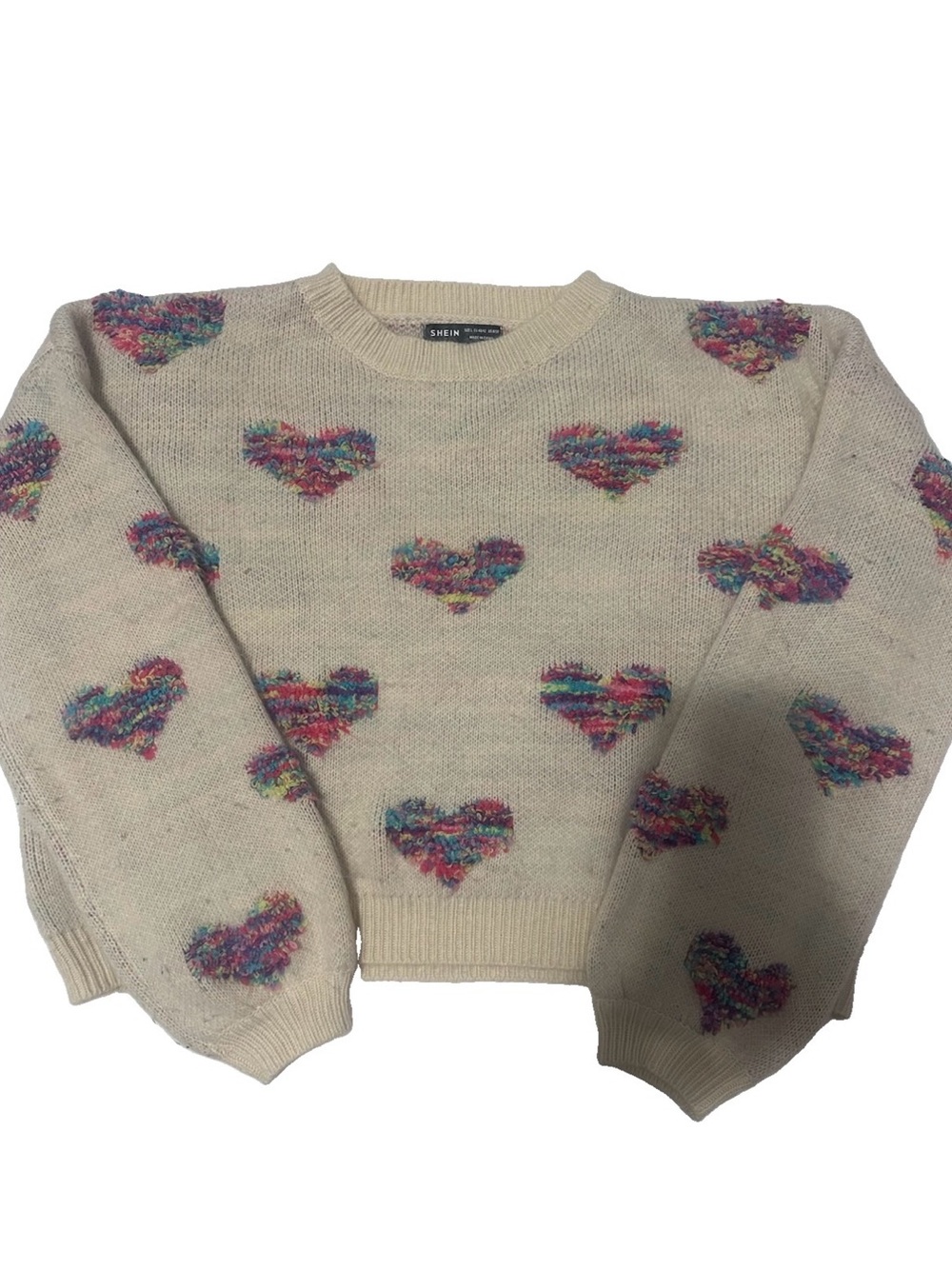 SHEIN Cream Sweater with Multicolor Heart Motifs